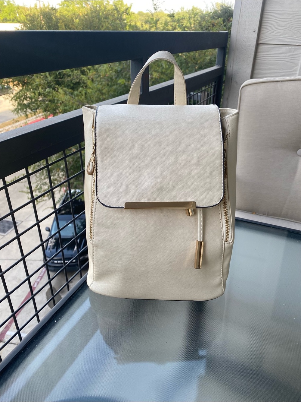 Cream Structured Backpack Purse with Gold Accent